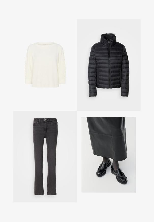 Sort pufferjakke med høj krave, der har quiltede paneler, en frontlynlås og elastiske sidelommer. Letvægts- og kompakt design.; Kaffe KABETTY - Striktrøje - chalk cc; Sorte denim jeans med lige pasform, der har forlommer, lynlås og subtile stiksyninger. Stoffet har en let tekstur.; Sorte læder loafers med en glat finish, prydet med en dekorativ rem, rund tå og tekstureret sål. Båret med en lang sort læderskirt.