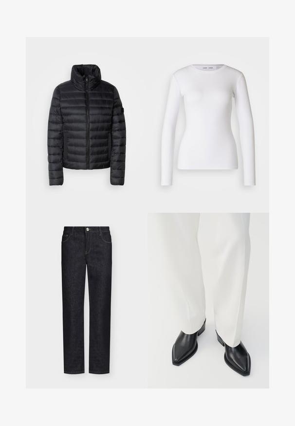 Schwarze Pufferjacke mit hohem Kragen, mit gesteppten Paneelen, einem Reißverschluss auf der Vorderseite und elastischen Seitentaschen. Leichtes und kompaktes Design.; Weißes Langarmhemd aus geripptem Stoff mit Rundhalsausschnitt und taillierter Form. Keine Muster oder Akzente sind vorhanden.; Schwarze Jeans mit geradem Bein, Vordertaschen, Gürtelschlaufen und Knopfverschluss auf einfarbigem Hintergrund.; Schwarze spitz zulaufende Stiefeletten aus glattem Leder mit flachen Blockabsätzen, kombiniert mit weißen, weiten Hosen. Schlichtes und modernes Design.