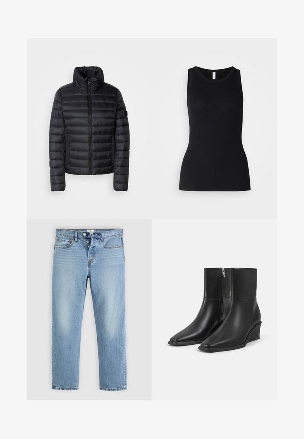 Schwarze Pufferjacke mit hohem Kragen, mit gesteppten Paneelen, einem Reißverschluss auf der Vorderseite und elastischen Seitentaschen. Leichtes und kompaktes Design.; Schwarzes ärmelloses Tanktop aus geripptem Stoff, mit rundem Ausschnitt und figurbetontem Design, glatter Textur und ohne Muster.; Helle blaue Denim-Jeans mit hoher Taille, Fünfknopfverschluss und geraden Beinen. Sie weisen dezente Auswaschungen und klassische Nähdetails auf.; Paar schwarze Leder-Stiefeletten mit spitzen Zehen, Keilabsätzen und seitlichen Reißverschlussverschlüssen auf einfachem hellem Hintergrund.