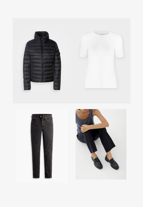 Schwarze Pufferjacke mit hohem Kragen, mit gesteppten Paneelen, einem Reißverschluss auf der Vorderseite und elastischen Seitentaschen. Leichtes und kompaktes Design.; Weißes T-Shirt mit kurzen Ärmeln und Rundhalsausschnitt, schlanker Passform und gerippter Stoffstruktur, dargestellt vor einem schlichten hellgrauen Hintergrund.; Schwarze Jeans aus Denim mit geradem Bein, fünf Taschen, kupferfarbenen Beschlägen und einer leicht ausgebleichten Textur.; Schwarze Leder-Loafer mit strukturierten Akzenten, niedrigem Absatz, rundem Zehenbereich und sichtbarer Naht. Das Modell trägt dunkle Hosen und ein graues Oberteil.