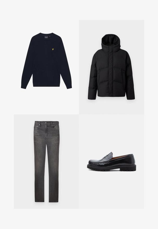 DRYKORN NOTAN - Vinterjakker - black; Mørkeblå langærmet crew neck sweater med et lille gult broderet ørnelogo på venstre bryst.; Mørkegrå denimjeans med lige ben-design, fem lommer, metalknaplukning og en let slidt finish på stoffet.; Sorte læder penny loafer med chunky gummisål og moc toe syninger, vist i profil på en hvid baggrund.