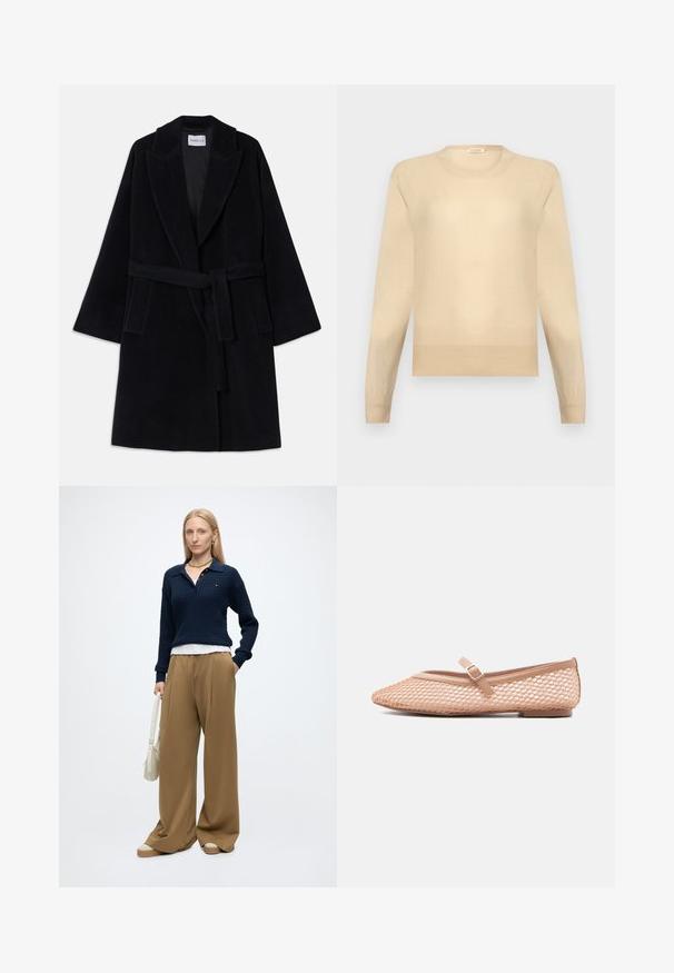 Manteau en laine noir avec un col châle, des manches larges et une ceinture assortie. Comprend deux poches latérales et une finition lisse et texturée.; Pull beige à manches longues et col rond avec poignets et ourlet côtelés sur un fond gris clair.; Femme aux cheveux blonds raides portant un pull bleu marine, un pantalon large beige, des chaussures beiges, des bijoux en or, et tenant un sac à main blanc avec une main dans la poche.; Chaussure plate Mary Jane beige avec superposition en maille et bride ajustable à boucle, vue de profil sur un fond neutre.