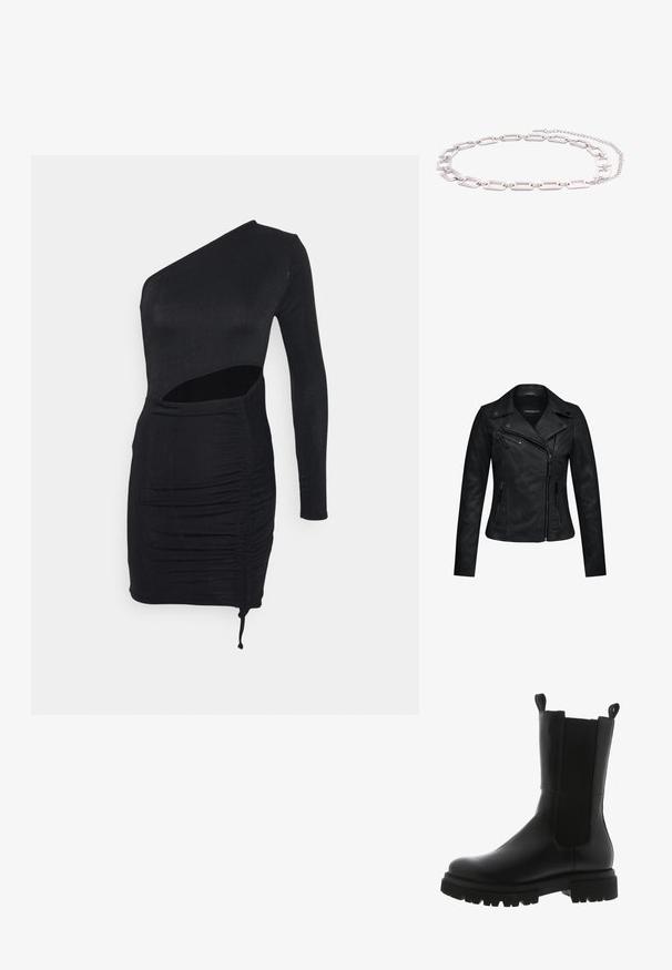 Sort lædermotorcykeljakke med lynlåslukning foran, lynlåslommer og spidse krave. Har en tætsiddende facon og glat tekstur.; IN THE STYLE RUCHED CUT OUT SLINKY MINI DRESS - Jerseykjole - black; Sorte læder ankelstøvler med et slankt design, elastiske sidepaneler, grebsløkker og en kraftig gummisål med et takkede mønster.; Sølvfarvet halskæde med åbne rektangulære kædelinks og en justerbar låsekæde på hvid baggrund.