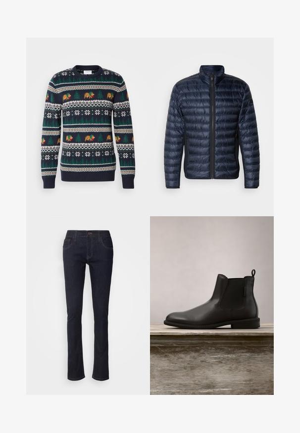 Marineblaue, wattierte Jacke mit horizontaler Steppung, hohem Kragen und Reißverschluss vorne. Sie verfügt über Seitentaschen und eine glatte, glänzende Oberfläche.; Dunkelblauer Pullover aus Strick mit einem Feiertagsmuster, das Bären, Bäume und Schneeflocken in Grün, Braun und Weiß zeigt. Gerippte Bündchen und Saum.; Dunkelblaue Denim-Jeans mit geradem Bein, ausgestattet mit Fronttaschen, einem Knopfverschluss und dezenten Steppnähten. Klassisches Design.; Schwarze Leder-Stiefelette mit glatter Textur, gerundetem Zehenbereich, elastischen seitlichen Einsätzen und einer Zuglasche, auf einer Holzoberfläche platziert.