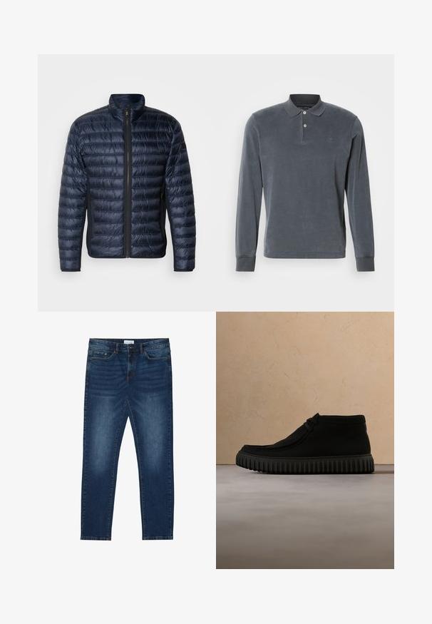 Veste rembourrée bleu marine avec des coutures en quilt horizontal, col montant et fermeture éclair à l'avant. Dispose de poches latérales et d'une texture lisse et brillante.; Polo à manches longues en gris foncé, fabriqué en tissu doux, avec une patte de boutonnage à trois boutons, des poignets côtelés et un logo brodé discret sur la poitrine.; Jean slim-fit bleu foncé avec des détails délavés, design classique à cinq poches, fermeture à bouton et passants de ceinture.; Bottes de cheville noires en matériau doux, avec un bout rond, un lacet minimal, et une semelle en caoutchouc texturée comportant des rainures verticales.