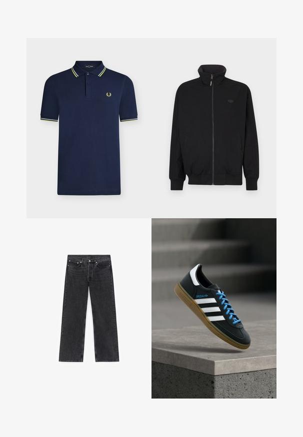 Veste noire à fermeture éclair avec un col montant, des poignets et un ourlet côtelés, présentant trois bandes verticales sur les manches et un logo sur la poitrine.; Polo bleu marine à manches courtes avec patte à deux boutons, col et poignets rayés, et petit logo laurier jaune sur la poitrine.; Jean en denim noir avec une coupe à jambes larges, doté de poches avant, d'une fermeture à boutons et d'un léger effet délavé sur la texture du tissu.; Baskets Adidas noires avec des rayures blanches, des lacets bleus et une semelle en gomme flottant au-dessus d'une marche en béton grise sous une lumière douce.
