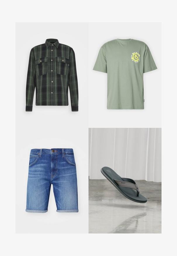 Only & Sons ONSSCOTT OVERSHIRT - Chaqueta de entretiempo - duck green; Camiseta de algodón verde con mangas cortas, que presenta un gráfico circular amarillo con texto en la parte izquierda del pecho. Diseño de cuello redondo simple.; Shorts de mezclilla en azul claro con un acabado deslavado, con puños enrollados, cinco bolsillos y un botón metálico de marca en la cintura.; Sandalia tipo chancla de la marca Reef en gris y negro flotando sobre un suelo de hormigón pulido con cortinas blancas al fondo.