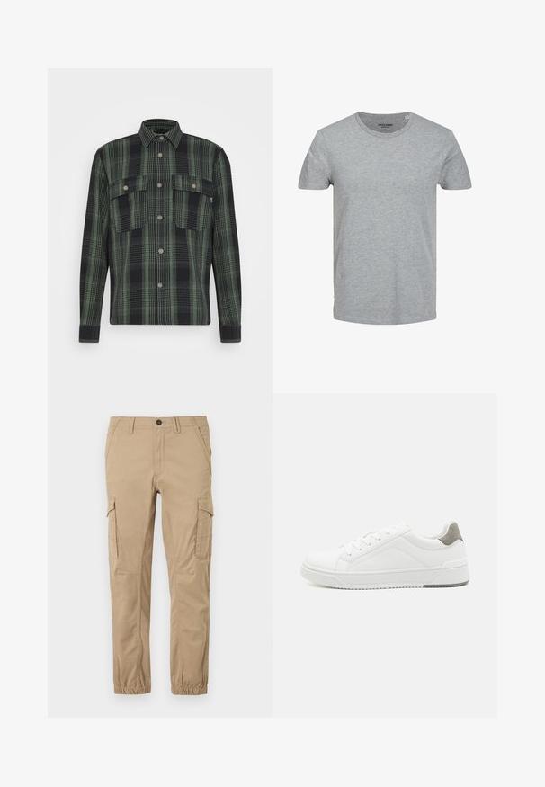 Only & Sons ONSSCOTT OVERSHIRT - Veste mi-saison - duck green; T-shirt gris à manches courtes en coton doux. Doté d'un col ras du cou classique et d'une coupe régulière. Design simple sans motifs ni accents.; Pantalon cargo beige avec poignets élastiques, poches à rabat sur les cuisses, poches latérales, et une fermeture à bouton à la taille.; Basket blanche en cuir lisse, à bout arrondi, design minimaliste, accent de talon gris et semelle en caoutchouc texturé.