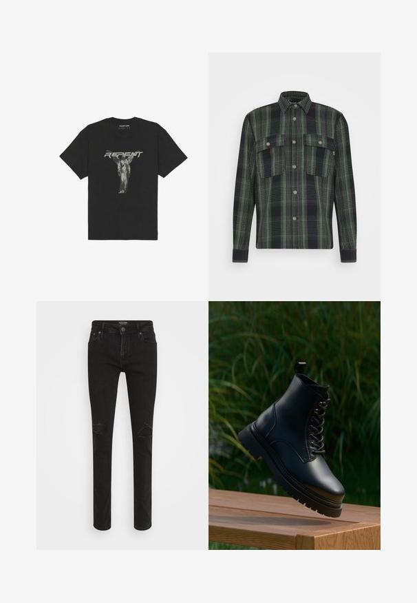 Only & Sons ONSSCOTT OVERSHIRT - Ľahká bunda - duck green; Čierne bavlnené tričko s krátkymi rukávmi, na prednej strane s grafikou sochy a slovom "REPENT" v tučnom sivej farbe.; Čierne džínsy s úzkym strihom, s poškodenými miestami na kolenách a klasickým dizajnom piatich vreciek. Uzatvorenie na kovový gombík.; Čierna kožená členková čižma s okrúhlou špičkou, šnurovaním vpredu a hrubou zúbkovanou podrážkou. Obsahuje pútko na golieri pre jednoduchšie obúvanie.