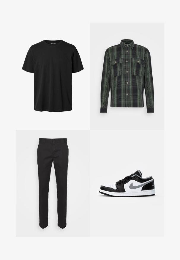 Only & Sons ONSSCOTT OVERSHIRT - Übergangsjacke - duck green; Schlichtes schwarzes Kurzarm-T-Shirt mit Rundhalsausschnitt, regulärer Passform und ohne sichtbares Design oder Branding auf der Vorderseite.; Schwarze Chinos aus Baumwollmischung, mit geradem Bein, glatter Textur und standardmäßigen Gürtelschlaufen. Keine sichtbaren Muster oder Akzente.; Jordan AIR JORDAN 1 - Sneaker low - black/particle grey-white