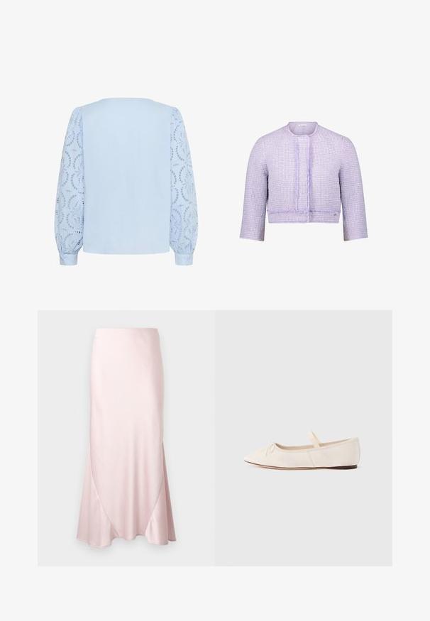 Veste courte lilas en tissu texturé avec un motif tissé, dotée d'un col rond et d'une finition à franges le long de la fermeture avant.; Blouse bleu clair avec panneau arrière uni et manches longues bouffantes en dentelle présentant des motifs floraux circulaires découpés et poignets boutonnés.; Jupe midi en satin rose clair avec une silhouette évasée en A et des détails subtils de coutures diagonales sur un fond uni.; Ballerines en daim beige clair, bout pointu et fine bride élastique sur le dessus. Semelle plate avec un léger accent en caoutchouc.