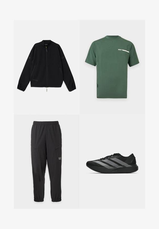 Veste noire pliable en matériau léger, avec une fermeture éclair à l'avant, des poches latérales et des accents de logo en gris et vert.; T-shirt de sport vert à manches courtes avec des panneaux en maille sur les manches et un petit logo blanc "e27" sur le haut à gauche de la poitrine.; Pantalon noir décontracté avec taille et poignets élastiques, poches latérales à rabat et petit logo blanc EA7 Emporio Armani sur la cuisse droite.; Chaussures de sport noires au design léger, présentant trois rayures grises marquées, une texture lisse et une semelle profilée.