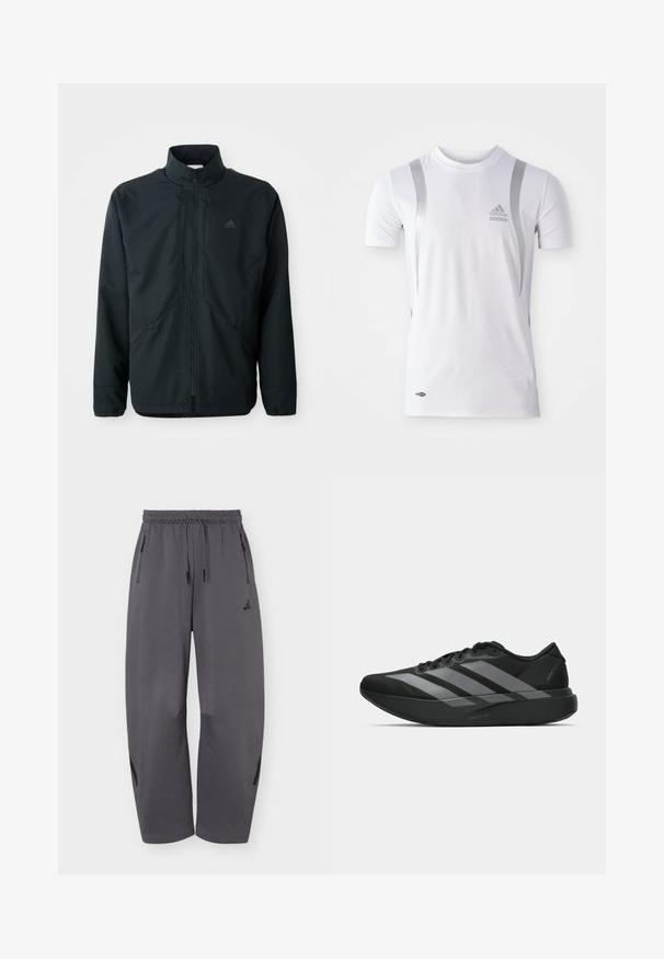 Veste noire légère avec un col montant, fermeture éclair et un motif texturé subtil. Comprend des cordons ajustables et des poches latérales.; T-shirt de sport blanc à manches courtes avec des accents argentés, présentant un col rond et un logo Adidas sur la poitrine. Fabriqué en tissu évacuant l'humidité.; Pantalon de sport ample gris foncé avec taille élastique, cordons, poches latérales zippées et logo discret de la marque sur la cuisse gauche.; Chaussures de sport noires au design léger, présentant trois rayures grises marquées, une texture lisse et une semelle profilée.