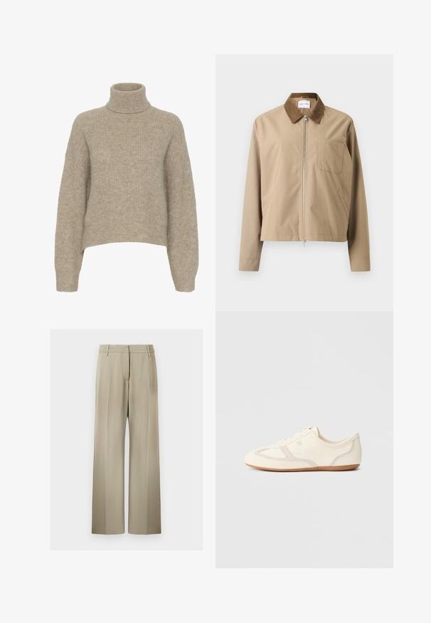 Veste beige avec un col en suède marron, une fermeture éclair avant et une poche poitrine. Présente une coupe légèrement courte et une texture de tissu lisse.; Pull en tricot beige avec un col roulé, texture côtelée, épaules tombantes et une coupe courte. Matière douce et légère.; Pantalons à jambes larges en tissu beige doux, avec un devant plat, des passants de ceinture et une texture lisse. Taille standard sans motifs visibles.; Baskets couleur crème avec une tige en daim et tissu, un bout arrondi, et une semelle en caoutchouc avec un détail accent beige. Fermeture à lacets.