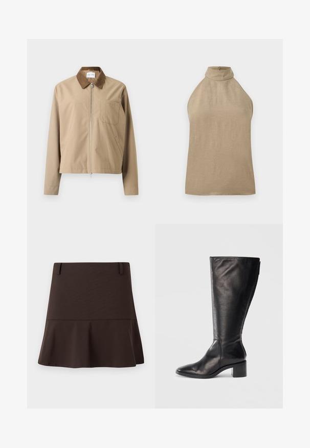 Beige jas met een bruine suède kraag, ritssluiting aan de voorkant en één borstzak. Heeft een licht cropped pasvorm en een gladde stoftextuur.; Mouwloze beige top met hoge hals en knoopsluiting aan de achterkant, gemaakt van een lichtgewicht stof.; Bruine uitlopende mini-rok van gladde stof, met een aansluitende taille en subtiele stiksel details. Eenvoudig ontwerp zonder patronen.; Zwarte leren kniehoog laars met een vierkante neus, blokhak en slank ontwerp. Gladde textuur met een zijrits voor gemakkelijke instap.