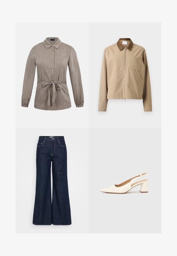 Veste beige avec un col en suède marron, une fermeture éclair avant et une poche poitrine. Présente une coupe légèrement courte et une texture de tissu lisse.; Blouse marron clair à manches longues avec col, boutons dorés sur le devant et ceinture nouée à la taille, avec une subtile texture verticale.; Pantalon large en denim foncé avec une taille haute, doté de poches avant, de surpiqûres contrastantes et d'un ourlet propre.; Escarpin slingback en cuir verni crème brillant, avec un bout pointu et un talon carré épais pour la stabilité. Design minimaliste, sans ornements.