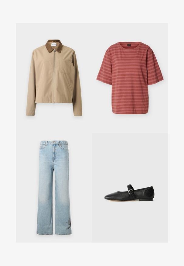 Beige jakke med brun ruskindskrave, lynlås foran og en brystlomme. Har en let kortet pasform og glat stoftekstur.; Rustfarvet kortærmet t-shirt med tynde horisontale hvide striber og et lille broderet logo på venstre bryst.; Lysblå vide jeans lavet af denim, med en falmet tekstur og blomsterbroderi detalje på den nederste venstre ben.; Sorte læder balletflade med en spids tå, rem med spænde detaljer og en lav, flad sål. Glat tekstur med minimale designelementer.