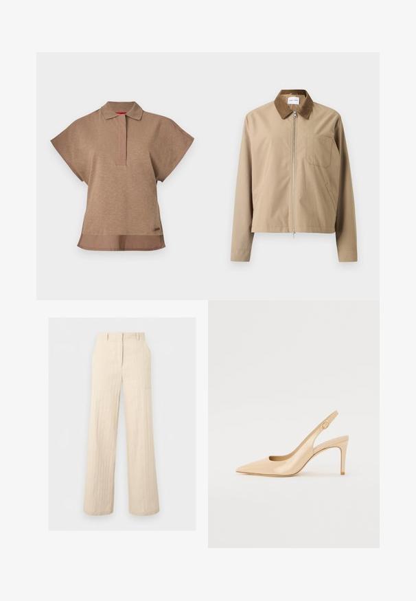 Veste beige avec un col en suède marron, une fermeture éclair avant et une poche poitrine. Présente une coupe légèrement courte et une texture de tissu lisse.; Polo marron à manches courtes avec col, patte de boutonnage avant et ourlet arrière légèrement plus long.; Pantalon beige taille haute à jambes larges avec passants pour ceinture et détails de coutures, présenté à plat sur un fond gris clair.; Escarpin slingback en cuir verni nude avec un bout pointu, un décolleté ouvert et un talon aiguille fin. Comprend un accent doré circulaire sur la sangle.