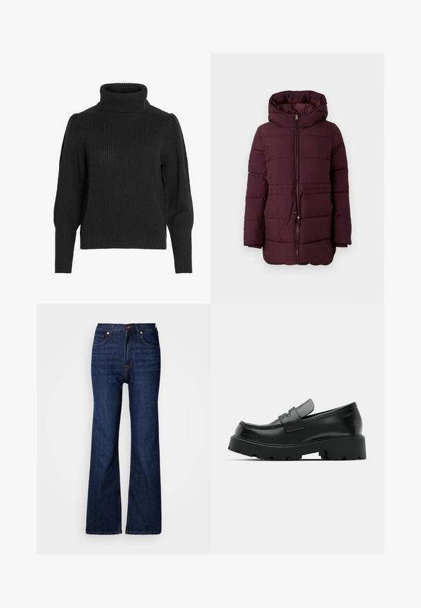 Bordeaux pufferjakke med hætte, med en frontlynlås, elastisk snøre i taljen og quiltet tekstur. Lange ærmer med let indsnævring.; Sort strikket sweater med en høj, ribbet halsudskæring. Har dropped shoulders og ribbede manchetter ved de lange ærmer, tekstureret stof.; Vida, mørkeblå denimjeans med fem lommer, knaplukning og kontrastsyningsdetaljer. Glat tekstur med et robust udseende.; Sorte læder loafers med en chunky tekstureret sål, der har en rem over vamps og en glat, poleret finish.