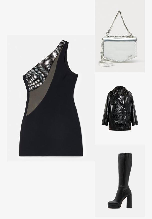 faina Veste en cuir - schwarz; David Koma CRYSTAL NET PANEL ONE SHOULDER MINI DRESS - Robe de soirée - black/silver; Bottes noires montantes en cuir lisse avec une finition texturée, dotées d'un talon bloc haut et d'un design à bout rond.; Sac bandoulière métallisé argent avec une bandoulière chaîne, forme géométrique, texture lisse et détail logo. Doté d'une fermeture éclair et de surpiqûres décoratives.
