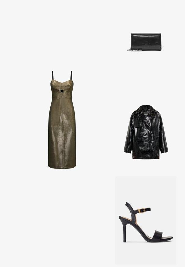 faina Lederjacke - schwarz; Metallic bronze Midi-Kleid mit dünnen schwarzen Trägern und kleinem Ausschnitt vorne unter der Brust aus strukturiertem Stoff.; Schwarze Sandalen mit hohen Absätzen und glattem Leder-Obermaterial, offene Zehenpartie und einem Design mit einem einzigen Riemen, verziert mit einer goldenen Schnalle.; Schwarze Lederbörse mit schlankem Design, ausgestattet mit einem silbernen Kettenriemen, strukturierten Oberflächen und eingeprägtem Markenlogo.