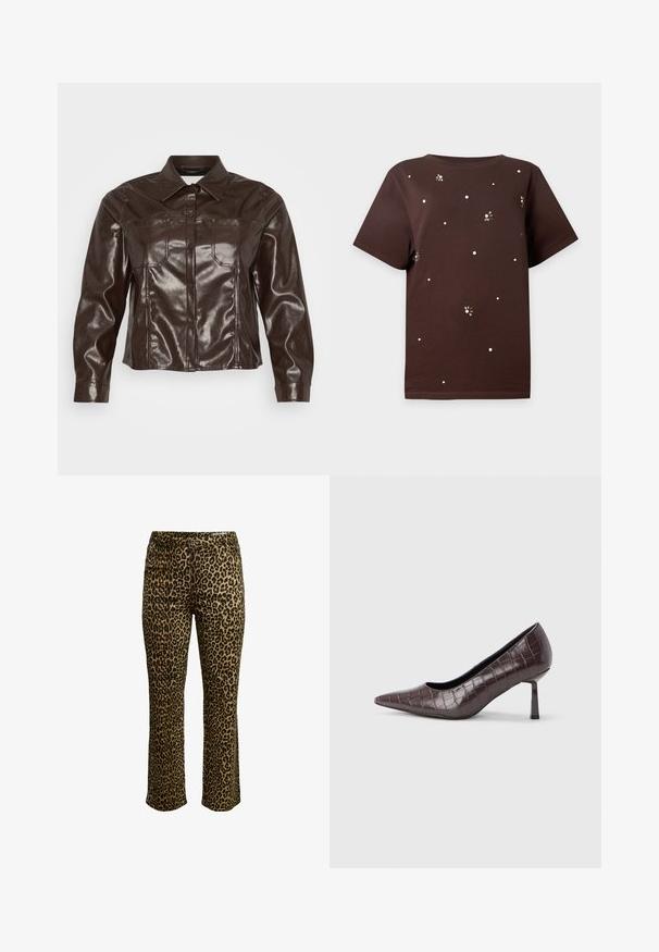 Braune Kunstlederjacke mit einem Kragen, Knopfverschluss, zwei Brusttaschen und einem cropped Saum. Glatte, glänzende Textur.; Braunes T-Shirt mit kurzen Ärmeln und kleinen weißen Punkten sowie bienenähnlichen Mustern, die vorne und an den Ärmeln verteilt sind.; Leopardenmuster-Hosen mit schlankem Schnitt, Knopfverschluss und genähtem Bund mit leichtem Stretch für zusätzlichen Komfort.; Braune Pumps mit spitz zulaufender Spitze aus Kunstleder in Krokodiloptik, mit schlankem, eckigem Absatz und glatter Innenfütterung.