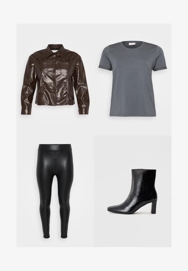 Braune Kunstlederjacke mit einem Kragen, Knopfverschluss, zwei Brusttaschen und einem cropped Saum. Glatte, glänzende Textur.; Graues kurzärmliges T-Shirt aus weichem Material mit klassischem Rundhalsausschnitt und aufgerollten Ärmeln. Glatte Textur ohne sichtbare Muster.; Schwarze Leggings aus einem glatten, glänzenden Material. Hoher Bund, enganliegendes Design und keine sichtbaren Nähte oder Muster.; Schwarze Knöchelstiefel aus glänzendem Leder mit spitzem Zustand und mittelhohem Blockabsatz, mit glatter Textur und einfachem Design.