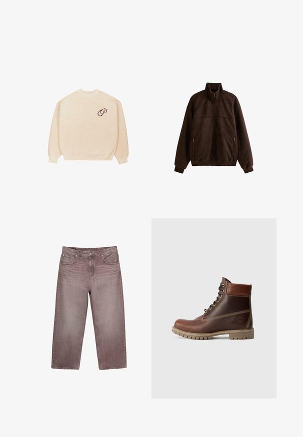 Veste en polaire marron avec un col montant, fermeture éclair à l'avant et poignets côtelés. Elle dispose de deux poches latérales zippées et d'une texture lisse.; Pull en beige à col rond avec des manches longues et des bords côtelés, arborant un petit script brodé en noir "P" sur la poitrine gauche.; Jean droit court en mauve délavé avec bouton frontal, fermeture à glissière et style cinq poches, présenté sur fond blanc.; Bottine en cuir marron à lacets, avec un col rembourré, des coutures contrastées et une semelle robuste, vue de l'extérieur sur un fond blanc.