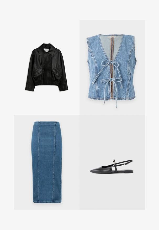 Zwarte jas van kunstleer met grote kraag, drukknopen, twee schuine zakken aan de voorkant, elastische tailleband en lange mouwen op een witte achtergrond.; Blauwe denimvest met een diepe V-hals, sluiting aan de voorkant met een strik en een mouwloos ontwerp. Heeft zichtbare stiksels en een ruwe zoom.; Blauwe denim strakke rok met verticale naden en een hoge taille, vallend onder de knie, weergegeven op een witte achtergrond.; Zwart leren slingback platte schoen met puntige neus, uitsnijdingdetails en verstelbare band met een decoratieve bloemaccent.