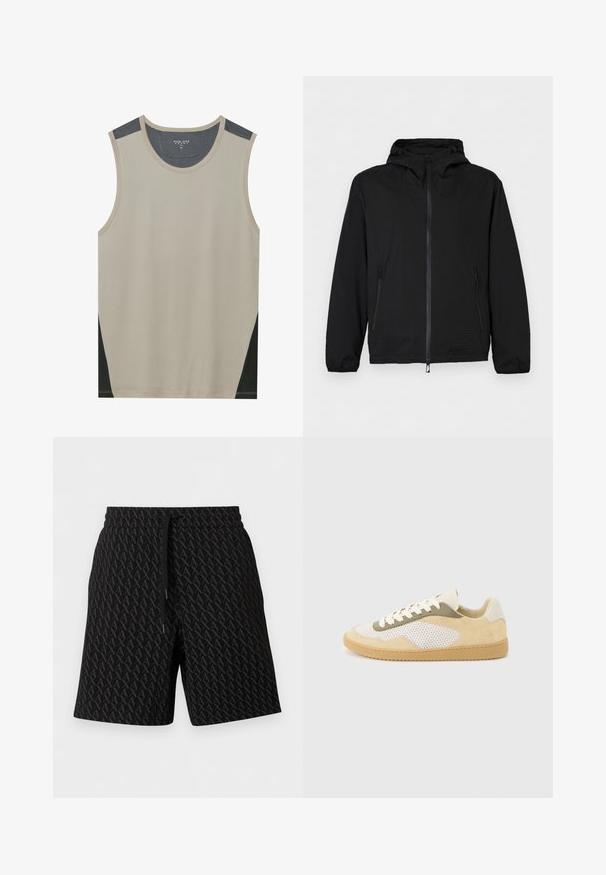 Must kerge kapuutsiga jope esilukuga ja küljetaskutega lukkudega, elastsete mansettide ja kapuutsi reguleeritavate paeladega.; Beige ilma varrukatega tank top tumehallide õlavarrekaunistustega ja mustade külgpaneelidega. Sile tekstuur ümmarguse kaelusega.; Mustad keskmise pikkusega lühikesed püksid elastse vöökohaga ja nööriga, millel on kogu pinnal tumehall abstraktne geomeetriline muster.; Madalate jalaga tossud, beežist seemisnahast, valge võrkdetailide, oliivroheliste aksentide, valgete paelte ja pruunika kummipõhjaga, helehallil taustal.