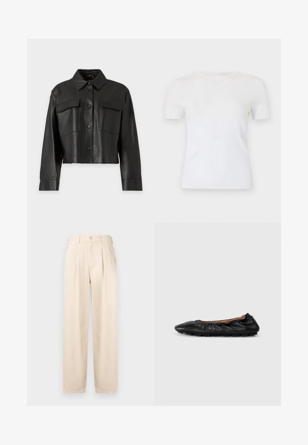Sort cropped jakke i kunstlæder med lange ærmer, knaplukning foran, spids krave og to store brystlommer med klap.; Hvid kortærmet t-shirt lavet af ribstrikket materiale. Har en rund halsudskæring og en figursyet pasform. Glat tekstur over det hele.; Beige plisserede bukser lavet af bomuldsblanding. Har lynlås foran, knaplukning og sidelommer med en afslappet pasform og lige ben.; Sort læder balletflade med samlet detaljering ved kraven, rund tå og fleksibel gummisål. Glat tekstur hele vejen igennem.