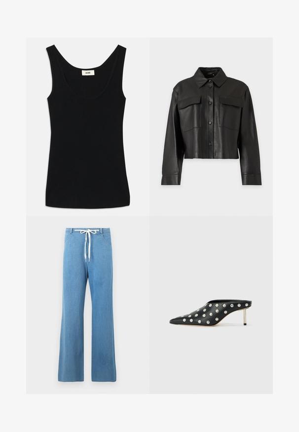 Schwarze kurze Jacke aus Kunstleder mit langen Ärmeln, Knopfleiste vorne, spitzem Kragen und zwei großen Brusttaschen mit Klappen.; Schwarzes Tanktop aus weichem Stoff mit Rundhalsausschnitt und breiten Schulterträgern. Es hat eine taillierte Form und ein sauberes, nahtloses Design.; Hellblaue, weit geschnittene Jeanshose mit Fronttaschen und einem weißen Kordelzug an der Taille.; STAND STUDIO KELSEY - Pantolette hoch - black