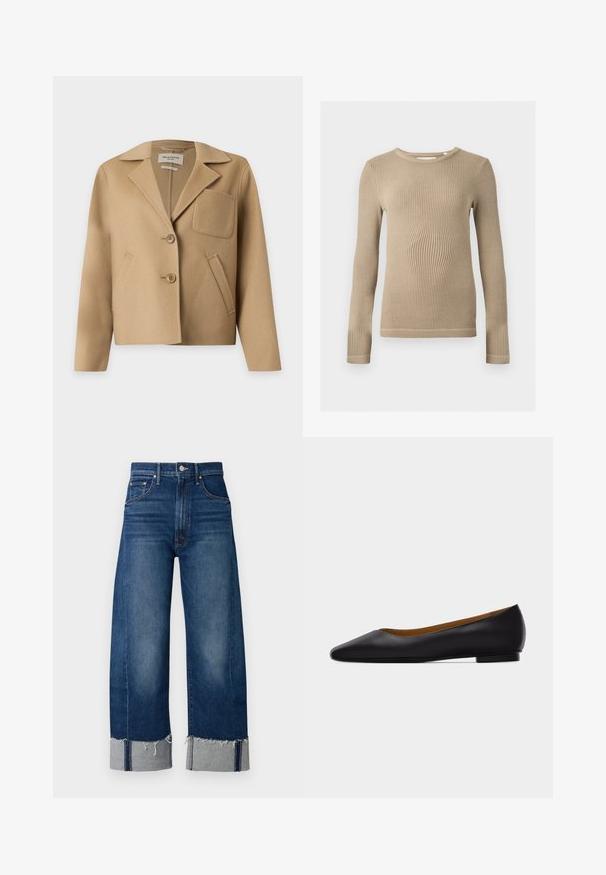 Beige uldjakke med brede slag, to forreste knapper, en brystlomme med lap og to skrå sidelommer.; Beige ribstrikket langærmet top med rund halsudskæring, tætsiddende pasform og synlige sømmer på kanterne mod en ensfarvet baggrund.; Mørkeblå denim bukser med brede ben, frayed afslutning og lyse grå manchetter. Har et traditionelt fem-lomme design.; Sort læder flad sko med spids tå, lav hæl og glat finish, vist fra siden på en lysegrå baggrund.