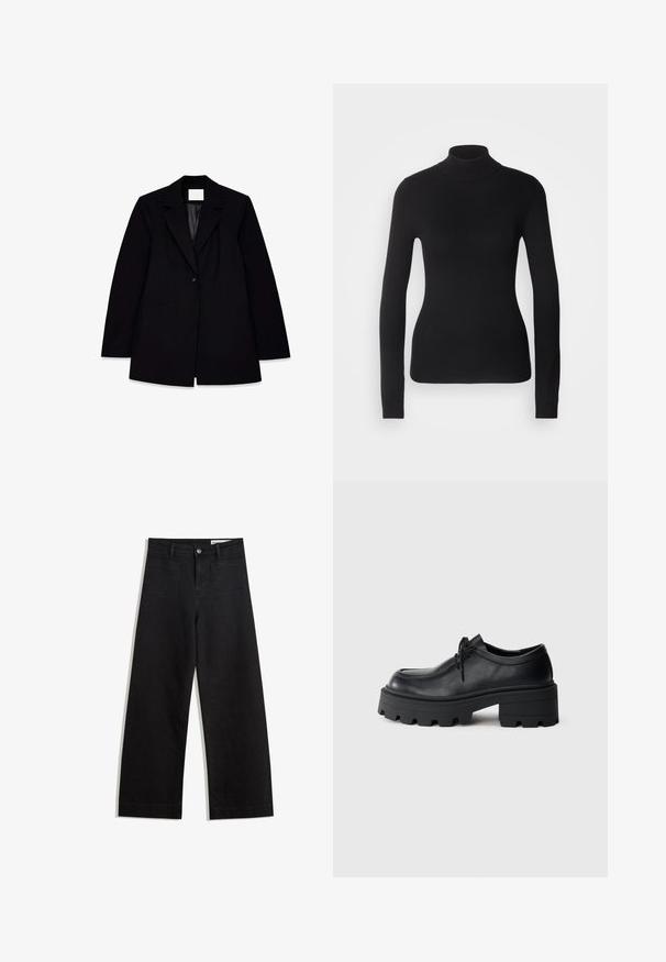 Sort blazer med spidse revers, enkelt knaplukning, to forlommer og en glat indre foring, med en skræddersyet pasform.; Sort turtleneck sweater lavet af let strikket stof. Har lange ærmer, et tætsiddende design og en blød ribbet tekstur.; Sorte wide-leg denim bukser med høj talje, der har front- og baglommer, syede sømme og en knaplukning. Glat tekstur.; Sort læder snørebåndssko med en tyk, tekstureret sort gummisål og en rund tå. Har subtile syninger.