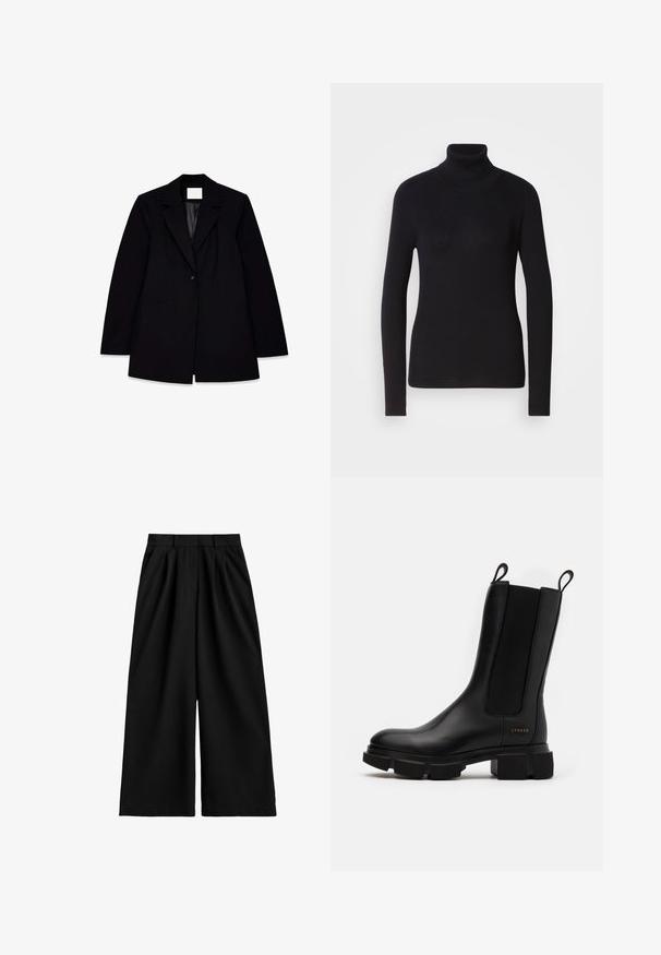 Zwarte blazer met een geknipt revers, enkele knoopsluiting, twee voorzakken en een gladde binnenvoering, met een getailleerde pasvorm.; Zwarte geribde turtleneck trui met lange mouwen. Gemaakt van gebreid materiaal met een slim-fit ontwerp. Gladde textuur en hoge halsdetail.; Zwarte wijduitlopende broek met hoge taille, riemlussen, voorplooien en een nette, gladde stofafwerking.; Zwarte leren enkellaars met elastische zijpanelen, chunky rubberen zool en trekflappen. Bevat subtiele branding die op de zijkant is geperst.