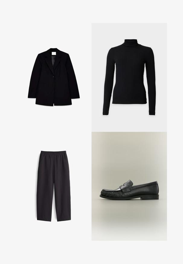 Zwarte blazer met een geknipt revers, enkele knoopsluiting, twee voorzakken en een gladde binnenvoering, met een getailleerde pasvorm.; Zwarte ribgebreide coltrui met lange mouwen en een aansluitende silhouet op een effen lichte achtergrond.; Zwarte, wijde broek gemaakt van een gladde stof. Voorzien van een elastische tailleband en twee zakken aan de zijkant, met zichtbare stikdetails.; Zwarte leren penny loafer met geplooid teen-detail en lage gestapelde hak, zijaanzicht tegen een neutrale achtergrond.