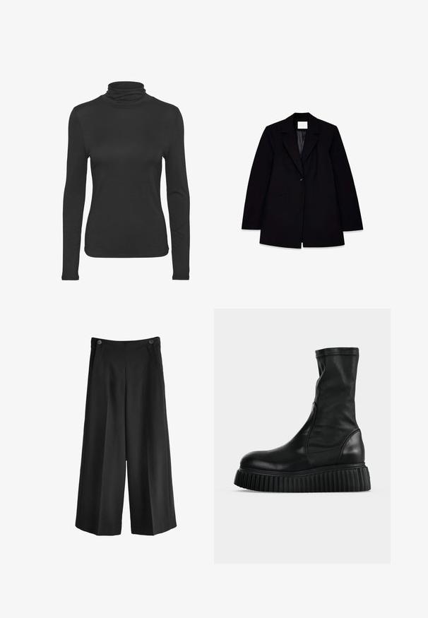 Zwarte blazer met een geknipt revers, enkele knoopsluiting, twee voorzakken en een gladde binnenvoering, met een getailleerde pasvorm.; Zwarte lange mouw turtleneck shirt gemaakt van glad, rekbaar materiaal. Heeft een aansluitend ontwerp en een klassieke hoge kraag.; Zwarte wijde broek met hoge taille, gemaakt van een gladde stof. Bevat twee voorkeurs en twee knopen bij de tailleband.; Zwarte leren mid-kuitlaars met een glad bovenwerk en dikke geribbelde plateauzool, zijaanzicht op een effen lichte achtergrond.