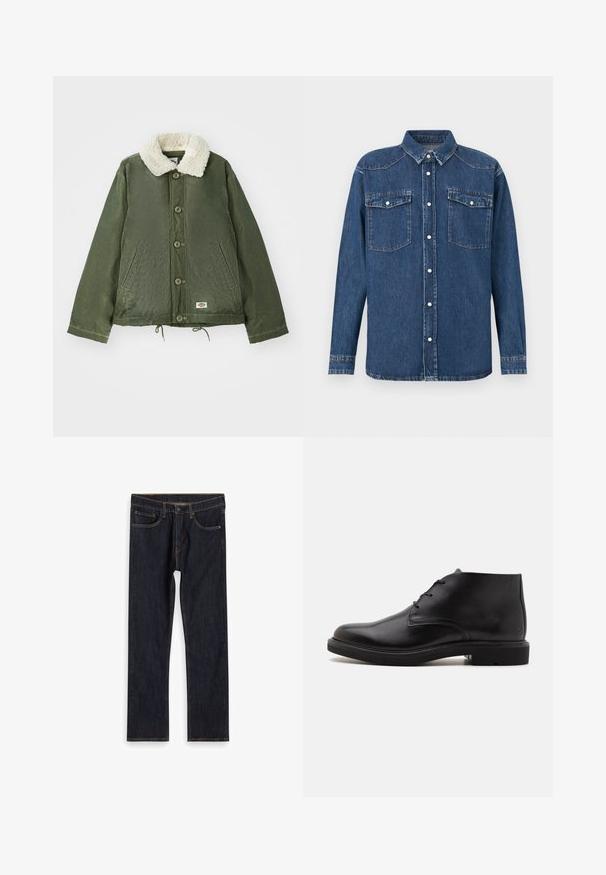 Olijfgroene jas met een zachte, crèmekleurige nepbontkraag, sluiting met knopen aan de voorkant en twee zijzakken. Verstelbare trekkoord aan de onderrand.; Donkerblauw denim overhemd met een knoopsluiting aan de voorkant, een puntige kraag, twee borstzakken en lange mouwen met knoopmanchetten.; Donkerblauwe recht gesneden denim jeans met voorkruiken, riemlussen en contrasterende oranje stiksels, plat gelegd op een witte achtergrond.; Zwarte leren enkellaars met drie veterogen, een afgeronde neus en platte zool op een effen lichte achtergrond.