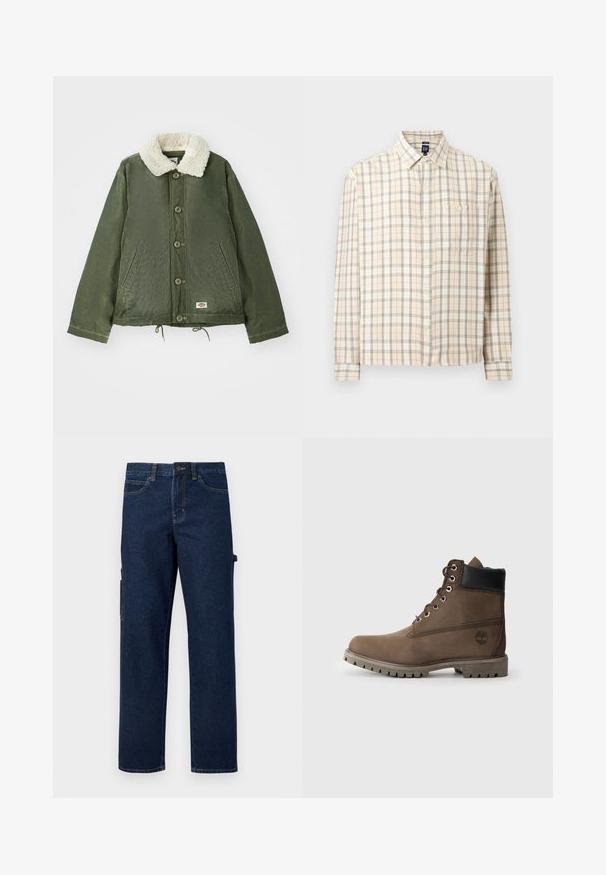 Veste vert olive avec un col en fausse fourrure crème douce, fermeture à boutons à l'avant et deux poches latérales. Cordons de serrage réglables à l'ourlet.; Chemise à manches longues en plaid beige avec fermeture à boutons sur le devant, une poche poitrine unique et un col classique, présentée sur un fond uni.; Pantalon cargo en denim bleu foncé avec jambes droites, poches latérales et coutures contrastées. Comprend une fermeture à bouton et des passants pour ceinture.; Bottines en cuir marron avec un col noir, œillets en métal et semelle grise robuste. Comprend un logo sur le côté et des détails cousus.