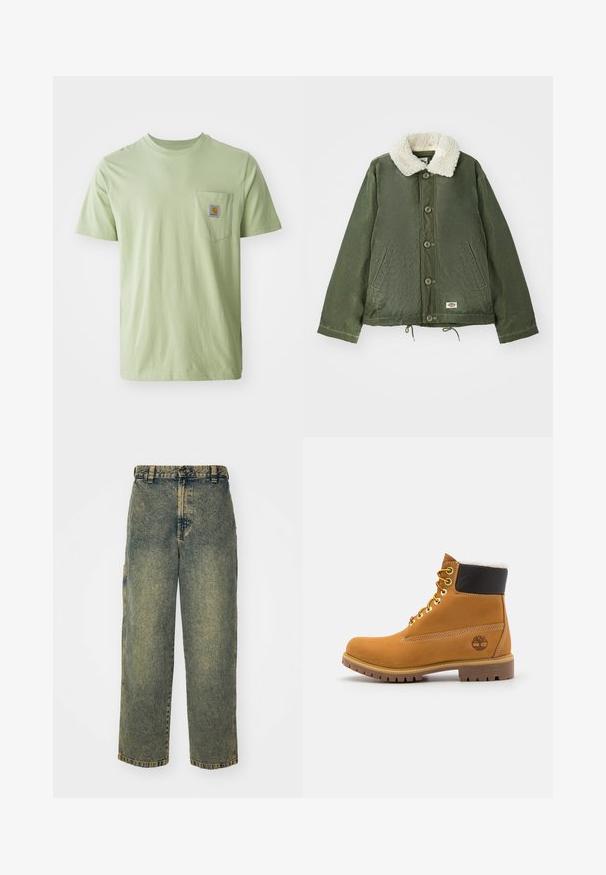 Chaqueta verde oliva con un suave cuello de piel sintética color crema, cierre frontal con botones y dos bolsillos laterales. Cordón ajustable en el dobladillo.; Camiseta de manga corta verde claro fabricada en tejido suave, con un bolsillo en el pecho que presenta un parche de logo cuadrado. Diseño sencillo y sin adornos.; Jeans de denim holgados en un lavado azul y verde descolorido. Presenta un cierre de botón, pasadores para el cinturón y bolsillos laterales. Diseño de frente plano y pierna recta.; Botín de cuero marrón con ojales de metal, forro de piel sintética blanca, cuello acolchado negro, suela resistente y logotipo en relieve en el costado.
