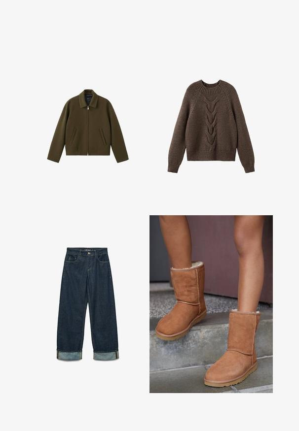 Olijfgroene cropped jas met kraag, ritssluiting aan de voorkant en twee zijzakken. Gemaakt van een glad, gestructureerd materiaal.; Bruin gebreid sweater met een ronde halslijn, lange mouwen en een kabelbrei ontwerp dat over de voorkant loopt. Geribbelde zoom en manchetten.; Donkerblauwe denimbroek met een losse pasvorm, voorzien van opgerolde broekspijpen, vijf zakken en contrasterende stiksels.; Bruine suède enkellaarsjes met een ronde neus, zachte voering en een rubberen zool, met zichtbaar stiksel langs de naden.