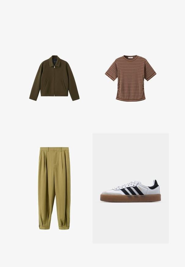 Veste courte vert olive avec col, fermeture éclair frontale et deux poches latérales. Fabriquée à partir d'un matériau lisse et texturé.; T-shirt marron à manches courtes avec fines rayures blanches horizontales et col rond sur fond blanc.; Pantalon taille haute fuselé vert olive avec plis à l'avant et ourlets retroussés, doté de poches latérales et de passants pour ceinture.; Baskets en cuir blanc avec des rayures noires, semelle extérieure en caoutchouc beige, bout rond, fermeture lacée et embout en suède gris doux.
