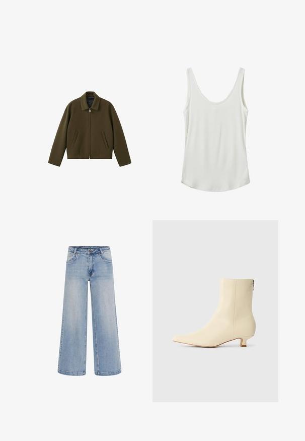 Olivengrøn cropped jakke med krave, lynlås foran og to sidelommer. Fremstillet af et glat, tekstureret materiale.; Hvid ribbet tanktop med scoop-udskæring og tynde stropper. Lavet af blødt stof med en glat tekstur. Rundet søm nederst.; Lyseblå brede jeans med høj talje, fem lommer og kontrastsyninger. Fremstillet af denim med en glat tekstur.; Beige ankelstøvle i glat læder, spidst tåparti, kort blokhæl og en sidelukning med lynlås for nem påtagning.