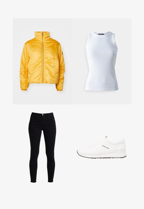 Gul pufferjakke med høj krave, frontlynlås og skråede ærmer. Glat, skinnende overflade med cropped fit. Ingen synlige logoer.; Hvid ærmeløs top lavet af ribbet stof, med en rund halsudskæring og en tætsiddende silhuet. Glat tekstur, ingen synlige mønstre eller detaljer.; Sorte højdetaljerede skinny jeans lavet af denim, med knaplukning foran, fem lommer og minimal syning.; Hvide lædersneakers med en glat overflade, grå gummisål, syv snøreringe og en sølvdetalje på hælen. Logo fremvist på siden.
