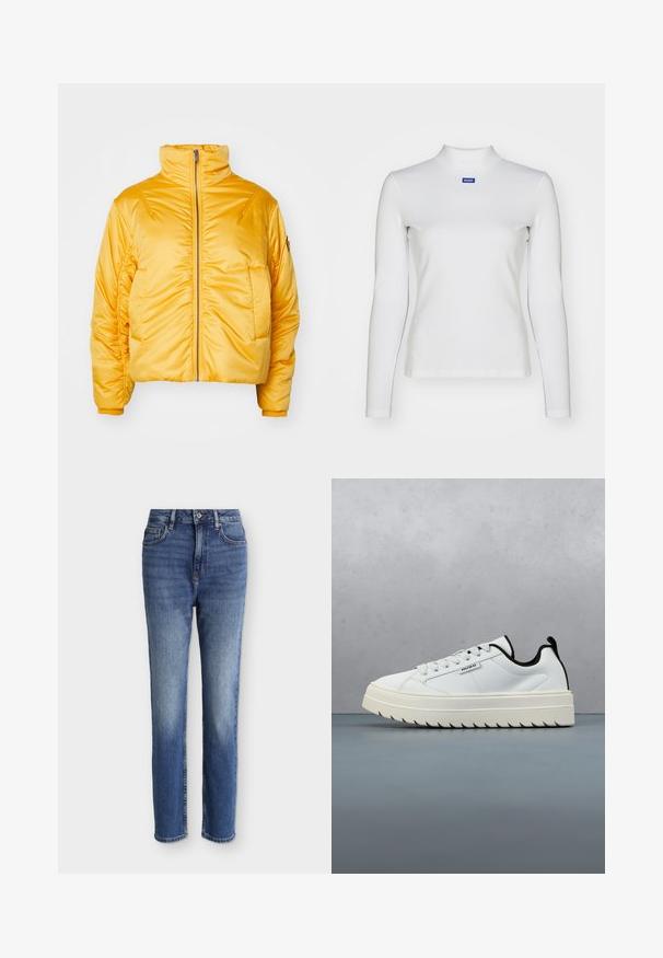 Gul pufferjakke med høj krave, frontlynlås og skråede ærmer. Glat, skinnende overflade med cropped fit. Ingen synlige logoer.; Hvid langærmet turtleneck-top lavet af strækstof, med en tætsiddende design og et lille blåt logo på brystet.; Mellemblå højtaljede straight-leg jeans med forlommer, bæltestropper, knappelukning og subtile falmede detaljer på lår og knæ.; Hvide lædersneakers med en chunky, struktureret sål med et tandet design. Sorte detaljer på hælen og tungen giver kontrast.