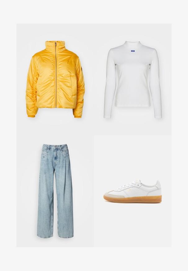Gele pufferjack met hoge kraag, ritssluiting aan de voorkant en gerimpelde mouwen. Gladde, glänzende buitenkant met een cropped pasvorm. Geen zichtbare logo's.; Witte lange mouw turtleneck top van rekbare stof, met een strakke pasvorm en een klein blauw logo op de borst.; Lichtblauwe high-waisted wijde pijpen jeans met voorzakken, knoopsluiting en riemlussen tegen een plain witte achtergrond.; Witte leren sneaker met beige suède accenten, gumrubberen zool en vetersluiting. Heeft subtiele branding in goud.