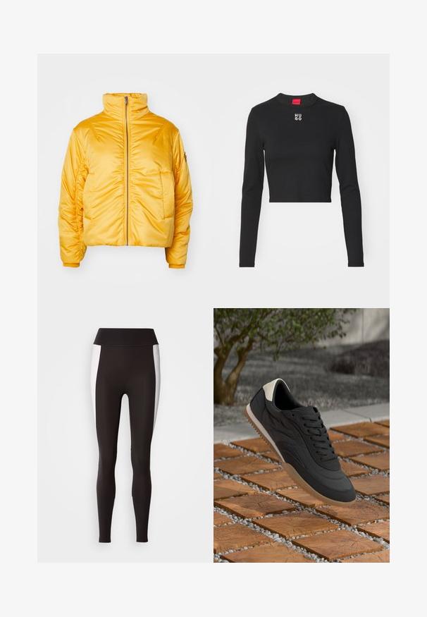 Gul pufferjakke med høj krave, frontlynlås og skråede ærmer. Glat, skinnende overflade med cropped fit. Ingen synlige logoer.; Sort langærmet cropped top lavet af glat stof, med rund hals og hvid "HUGO" logo på brystet.; Sorte leggings med bred talje, med hvide sideløsninger. Lavet af strækbart stof med en glat tekstur og en tætsiddende pasform.; Sort-hvid sneaker med tekstureret sål, der svæver over træklodser arrangeret med små hvide sten udendørs.