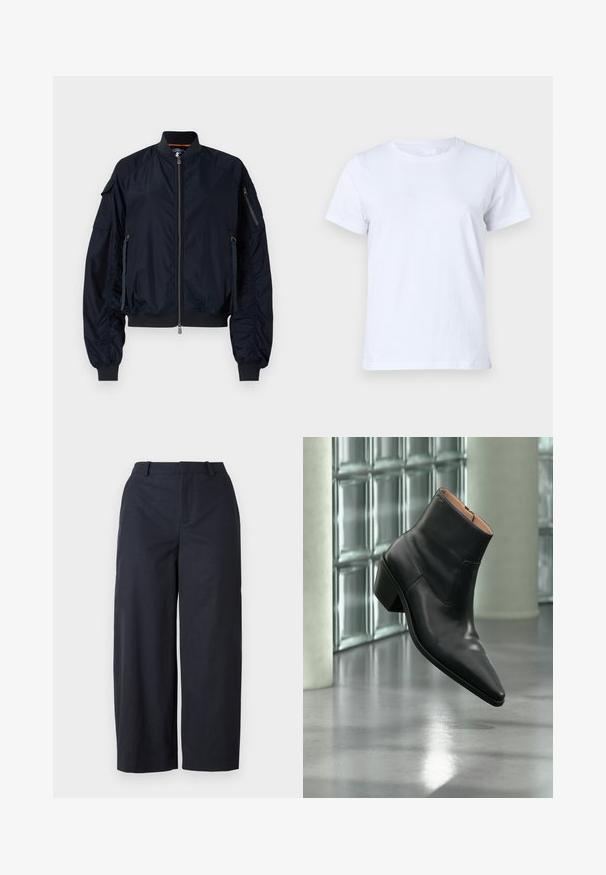 Marineblå bomberjakke med frontlynlås, ribbede manchetter og kant. Har flere lynlåslommer og samlede detaljer på ærmerne. Glat tekstur.; Hvid bomulds T-shirt, korte ærmer, klassisk crew neck design, ensartet tekstur uden mønstre eller accenter, standard pasform, enkel og alsidig.; Marineblå vide bukser med en glat overflade, flad front og taljebånd. Fremstillet af letvægtsstof, der tilbyder en afslappet pasform.; Sort læderankelstøvle med spids tå og blokhæl, der svæver over en reflekterende grå gulv nær en væg af glasblokke.