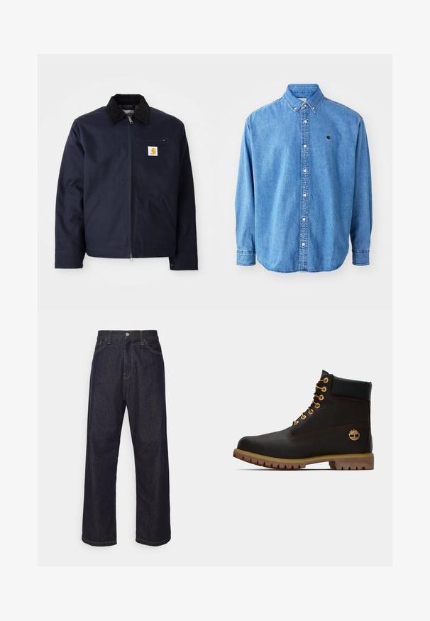 Marineblaue Jacke aus Segeltuch mit schwarzem Cordkragen, Reißverschluss, Fronttasche und Logopatch auf der linken Brust.; Denim-Hemd mit Knöpfen, hellblau, mit Punktkragen, langen Ärmeln und kleinem Logo auf der Brust. Verfügt über weiße Knöpfe und genähte Nähte.; Dunkelblaue Jeans im geraden Schnitt mit gelben Nähten, Knopfverschluss, Reißverschluss und Fünf-Taschen-Design.; Schwarze Leder-Ankle-Boots mit goldenen Ösen, braunen Akzenten und einer Gummisohle. Verfügt über einen gepolsterten Schaft und ein geprägtes Logo an der Seite.