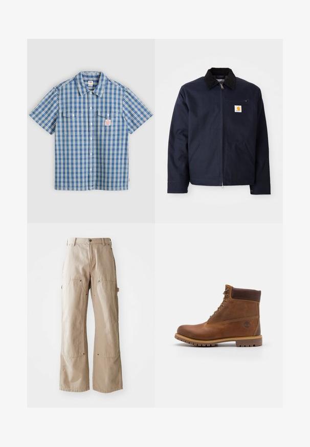 Veste bleu marine en toile avec un col en velours côtelé noir, fermeture éclair, poche avant et un patch logo sur la poitrine gauche.; Chemise à manches courtes bleu et blanc à boutons avec motif à carreaux, deux poches poitrine et une petite étiquette de marque rouge et blanche sur la poche gauche.; Pantalons larges beige en coton robuste. Comprend des poches avant et latérales, des coutures visibles et des accents en métal sur les poches.; Botte de randonnée en cuir marron avec une finition lisse, cheville rembourrée, œillets en métal et semelle en caoutchouc dotée d'un motif de crampons robuste.